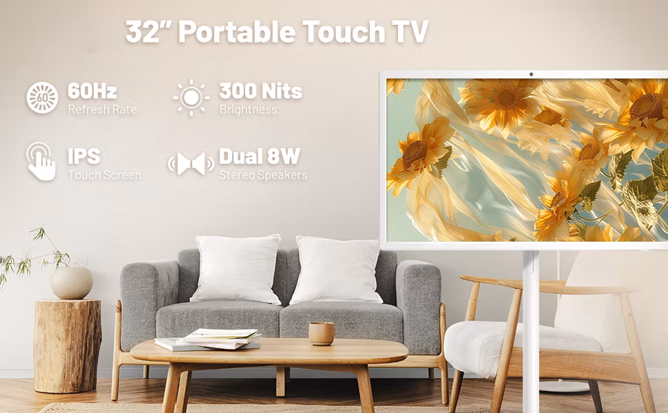 32 Inch Android Smart TV with High-Resolution Touch Screen Battery Wireless for Home and Business Applications