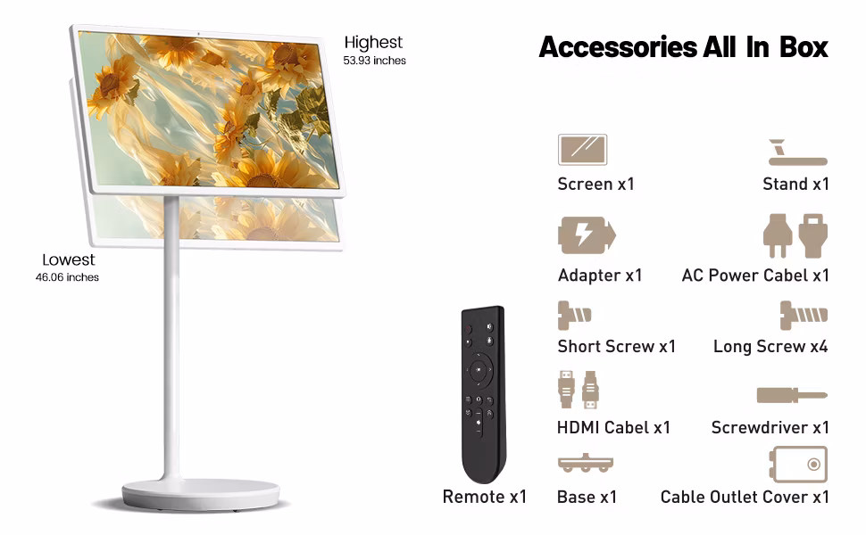 22 Inch Portable TV on Wheels 1080P, 4GB RAM+64GB Storage Touch Screen 100% Srgb Displays, Rotating Smart Screen Tablet TV with Base, Mobile TV in House