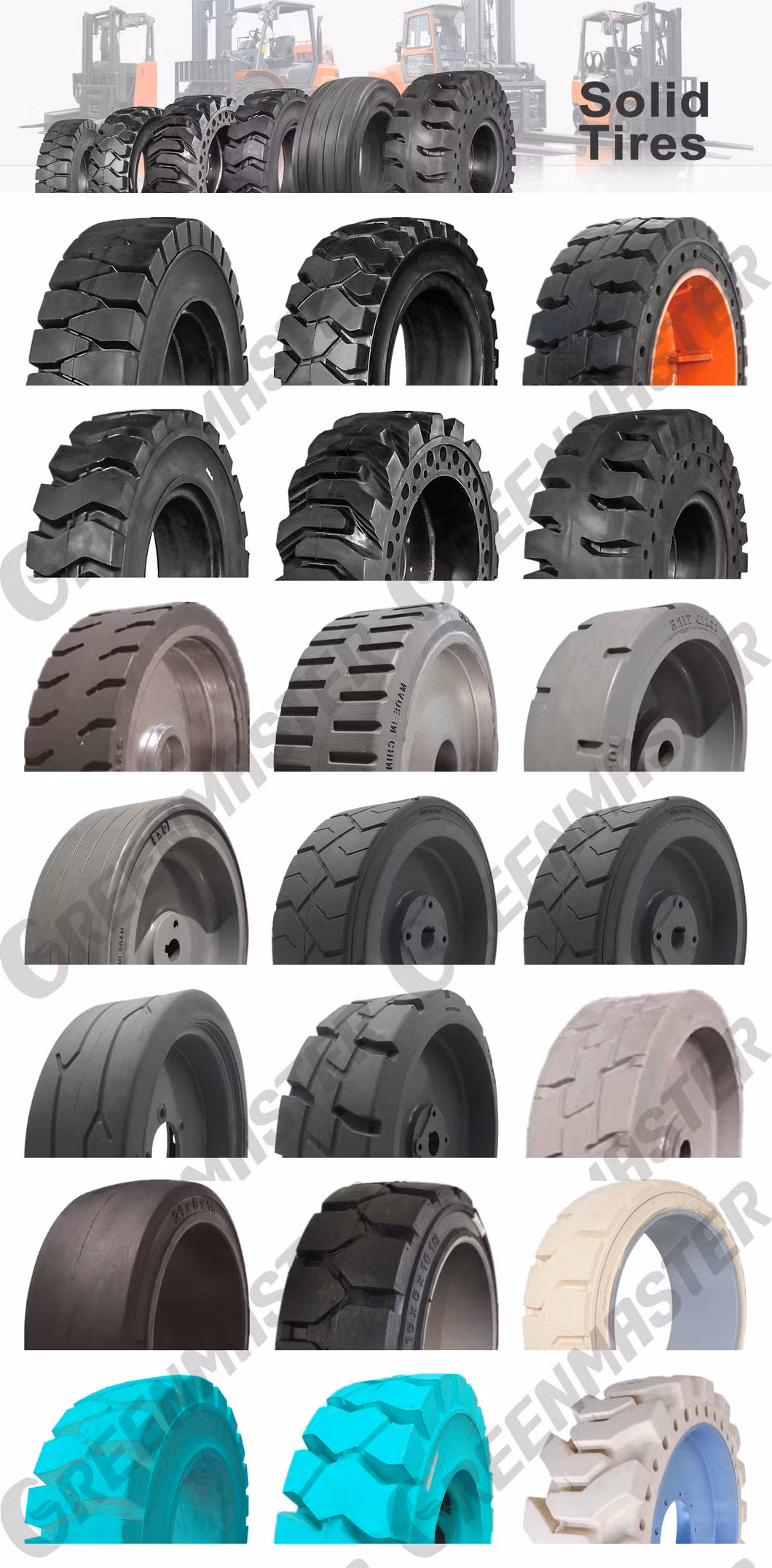 China Factory Wholesale High Durability Resilient Solid Pneumatic Forklift Tyre, Skid Steer Loader, Aerial Work Tyre 355/65-15 355/50-20 5.00-8 5X4 1/2-8 16X6-8