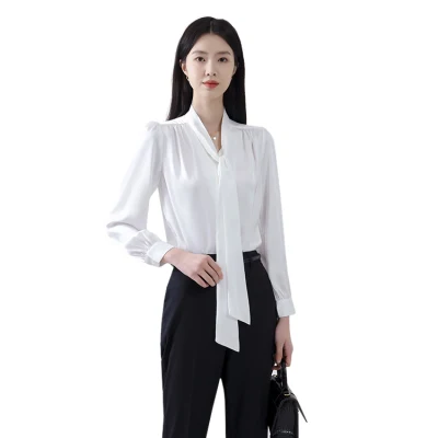 Women White/Apricot Blouse Long/Short Sleeve Office Silk Satin Shirt