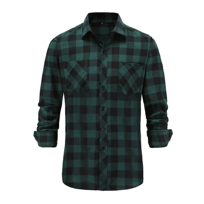 Wholesale Oversize Cotton Men Pocket Flannel Shirt <a href='/long-sleeve/'>Long Sleeve</a> Green Classic Plaid Shirt