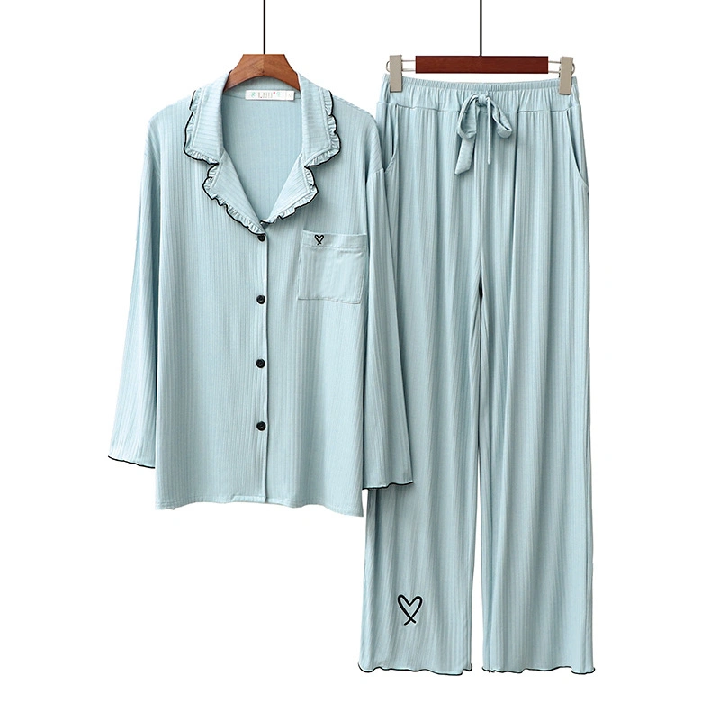 Girls/Lady Nightshirt Sets Women Combed Cotton Pajama Set Solid Green Pyjama Set Long Sleeve Sleepwear Women Top Long Pant with Ruffle Lapel and Buttons