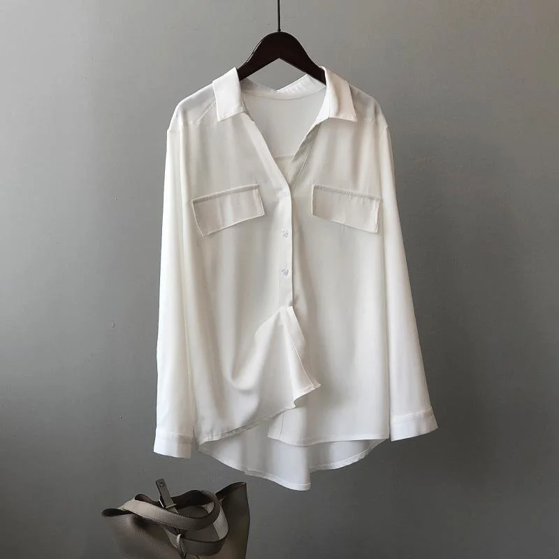 Casual Elegant Tops White Loose Satin Silk Blouse Women Autumn Clothes Office Lady Long Sleeve Pocket Formal Shirt