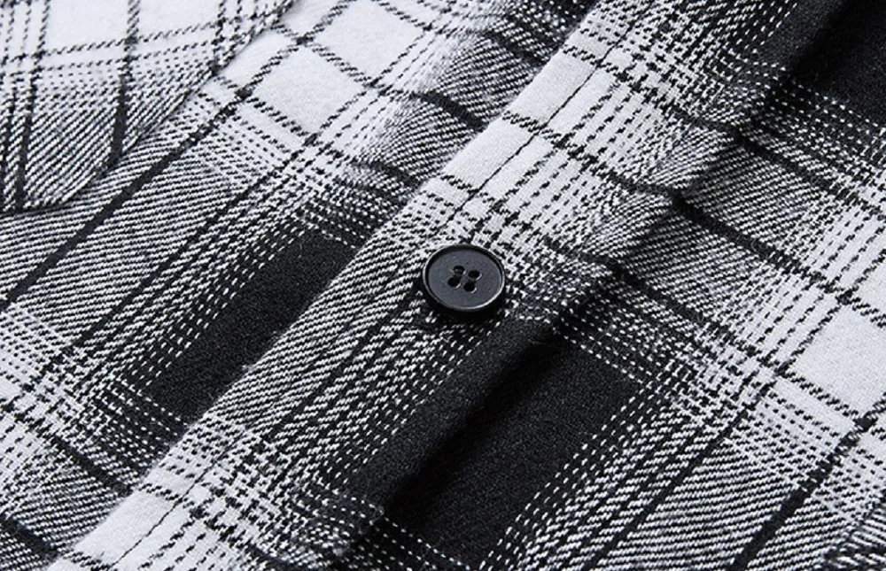 Private Label Oversized Casual Custom Black and White Checker Long Sleeve Hooded Plaid Flannel Shirt