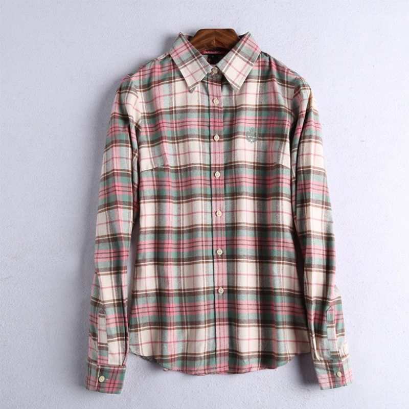 2023 Long Sleeve 100% Cotton Flannel Blouse Plaid Oversized Checked Shirts for Women