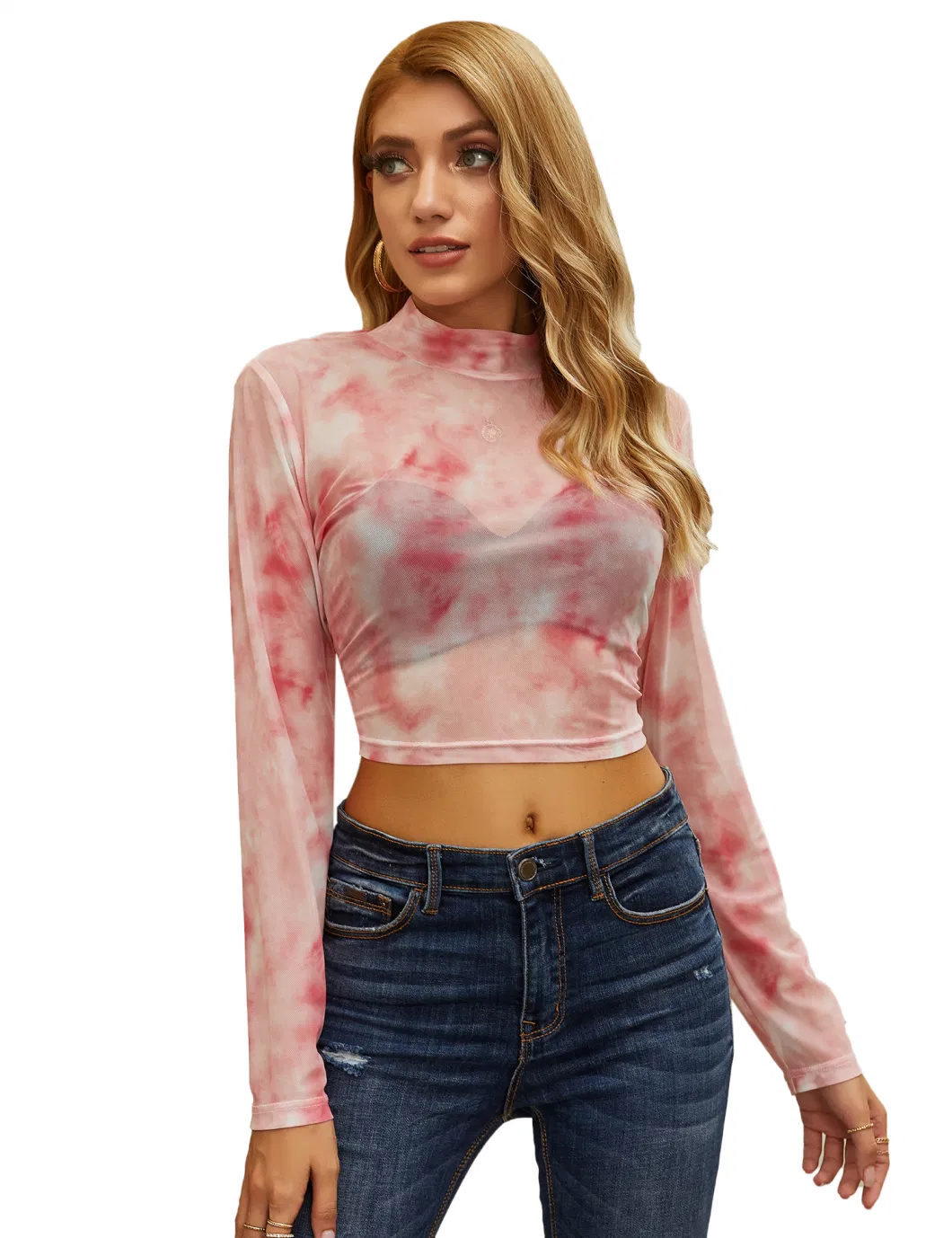 Women&prime;s T-Shirts Long Sleeve New Women Casual Crop Tops Fashionable Polyester Tie Dye T Shirt