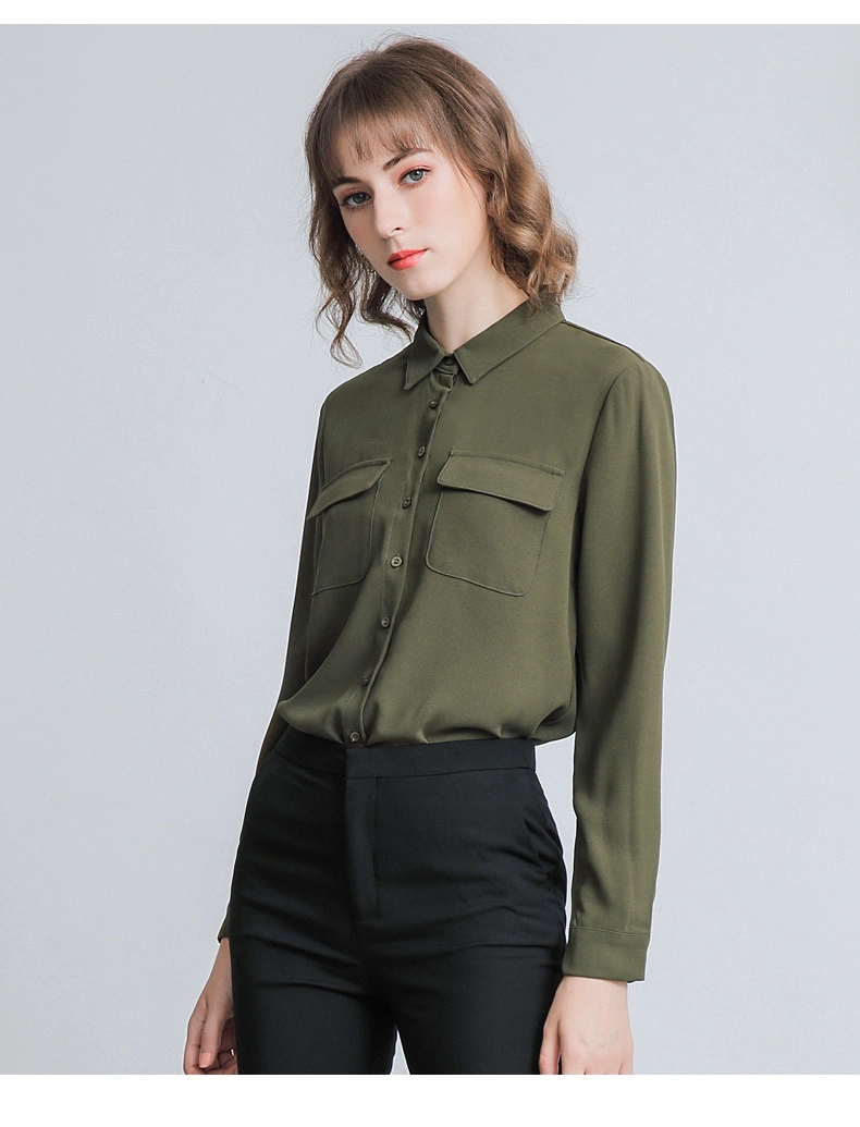 OEM White Chiffon Shirt Women&prime;s Long Sleeve Double Pocket Style Temperament Shirt