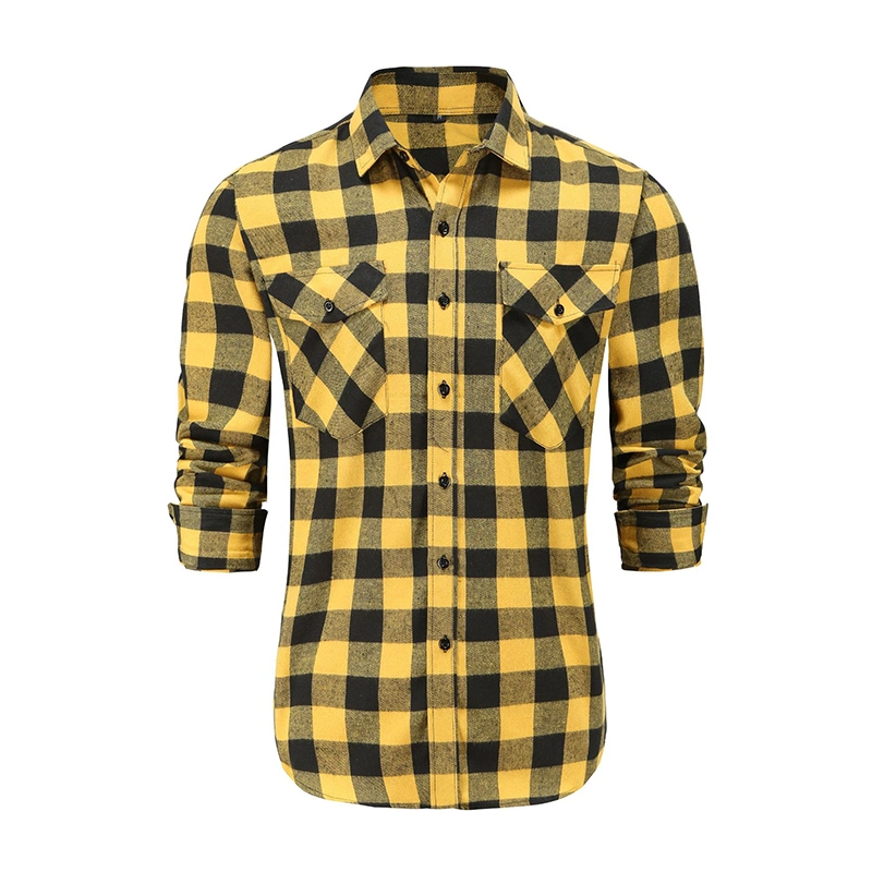 Wholesale Oversize Cotton Men Pocket Flannel Shirt Long Sleeve Green Classic Plaid Shirt