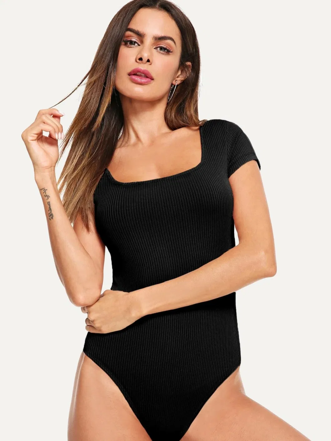 Slim Fit and Sexy Pure Black Solid Color Basic Model Square Neck Rib-Knit Tee Short Sleeve Long Bodysuit