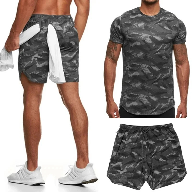 2PCS Mens Tie Dye Printed Camo Pattern Short Sleeve T-Shirts with Running Shorts Set Athletic Sweat Suit Casual Sportswear