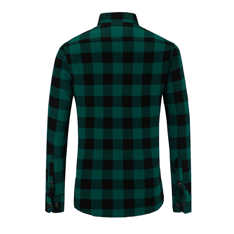 Wholesale Oversize Cotton Men Pocket Flannel Shirt Long Sleeve Green Classic Plaid Shirt