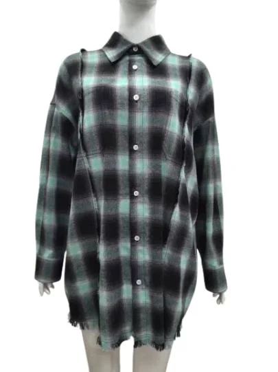 Green Black Plaid Women Long Sleeve Outdoor Casual Cotton Long Style Flannel Shirt on Spring/Autumn