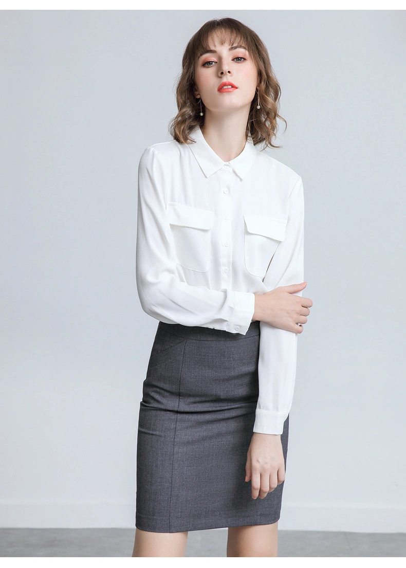 OEM White Chiffon Shirt Women&prime;s Long Sleeve Double Pocket Style Temperament Shirt