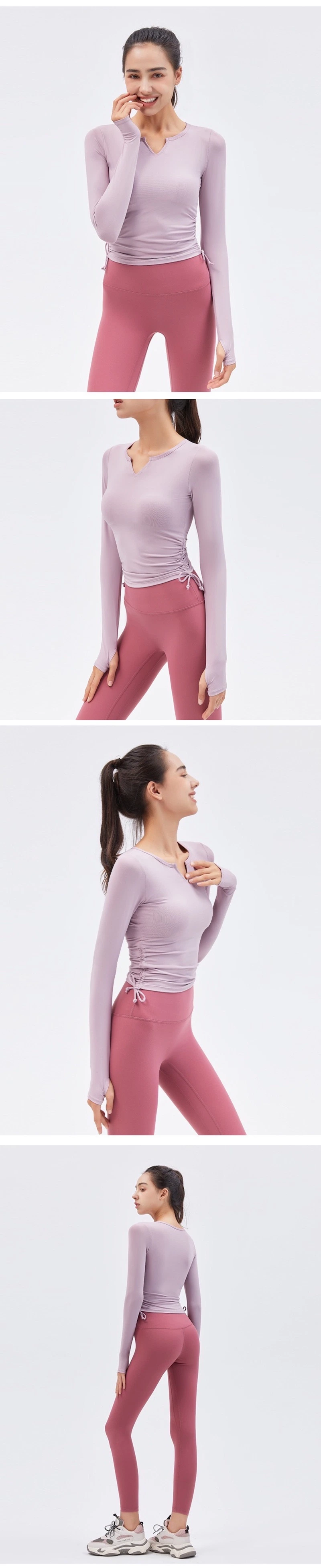 Cute Fall Winter Athletic Yoga Top Wear Long Sleeve V Neck Pullover T-Shirts with Bra for Ladies, Customize Tie Side Workout Jersey Running Sweat Shirts