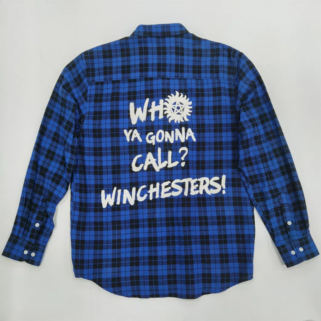 Manufacture Pattern Silk Screen Printed Blue Mens Long Sleeve Plaid Loose Fitted Blue Flannel Shirt with Pockets