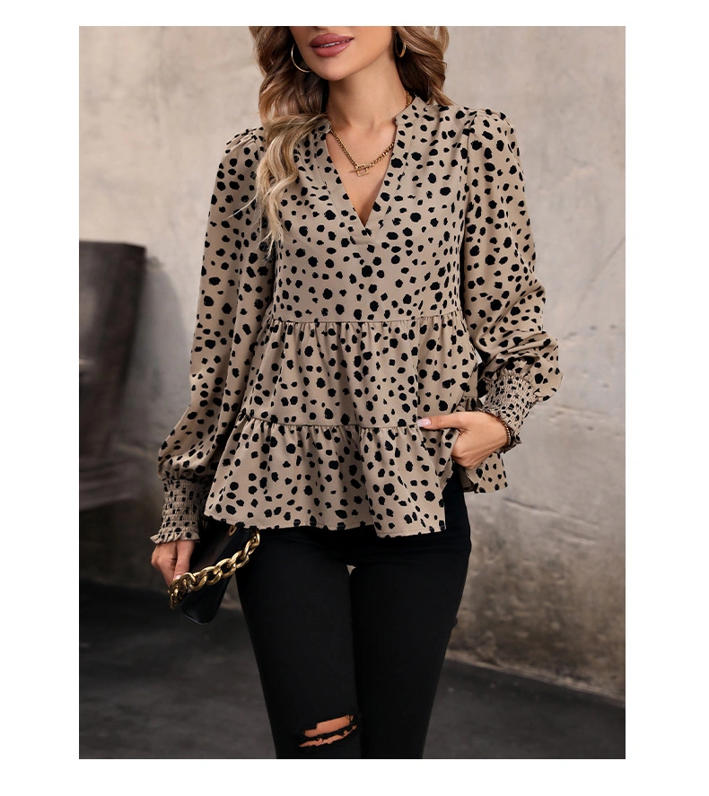 A8883 Solid Long Sleeve V Neck Leopard Print Tee