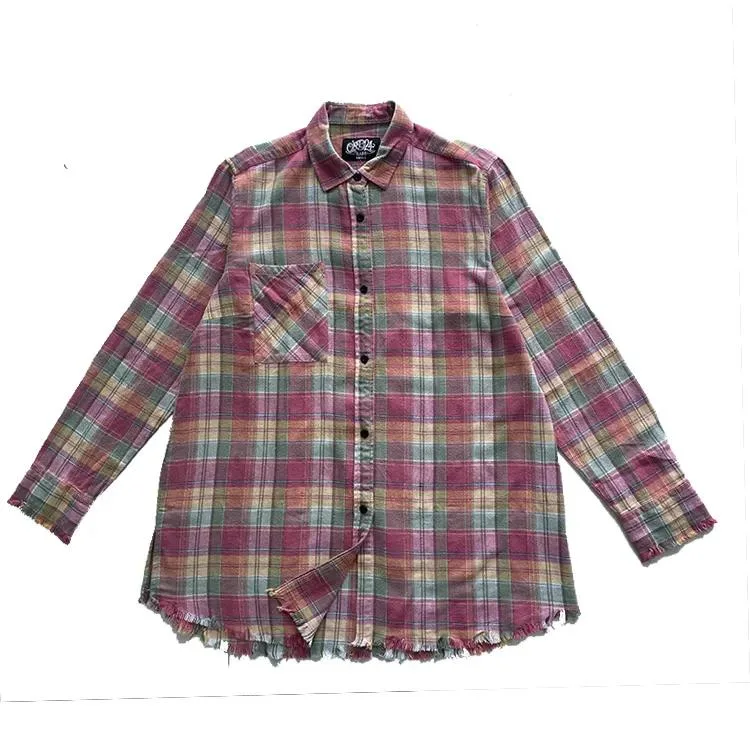 Custom Ladies Distressed Oversized Woman Pink Flannel Plaid Shirts