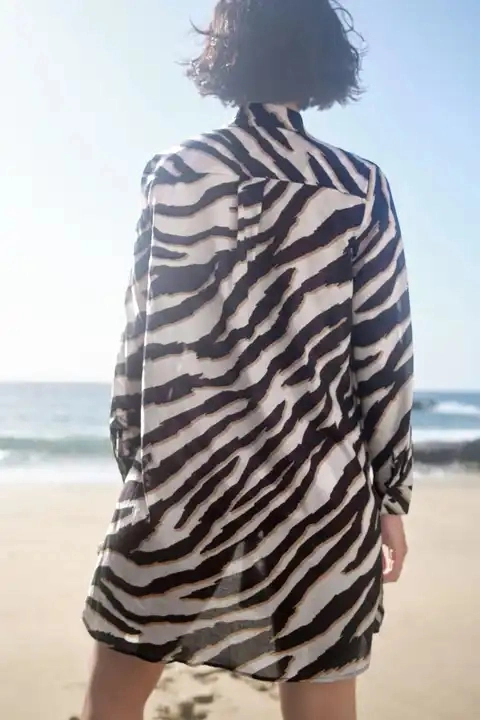 Print Women Oversized Beach Long Sleeves Side Slits Tunic Longline Shirt