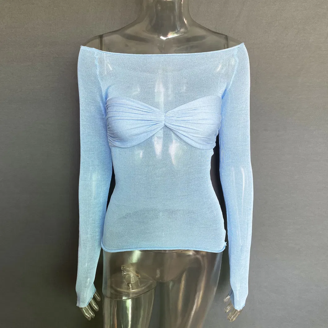 2024 Customized Spring/Summer Mesh Transparent Long Sleeved T-Shirt Fashion Strapless Sexy Top