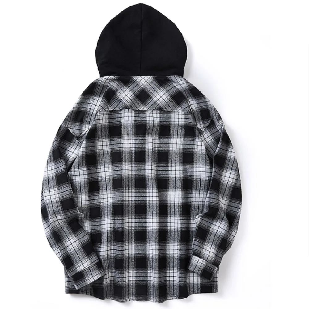 Private Label Oversized Casual Custom Black and White Checker Long Sleeve Hooded Plaid Flannel Shirt