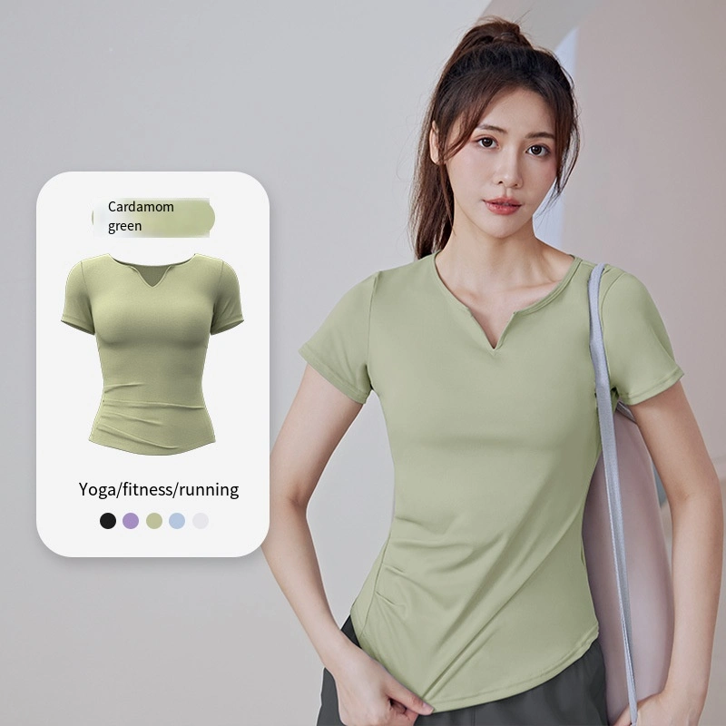 Summer V-Neck Women&prime;s Quick-Drying Solid Color Waist Loose Running Fitness Slimming Sports Gym Yoga Wear Short-Sleeved Sports T-Shirt