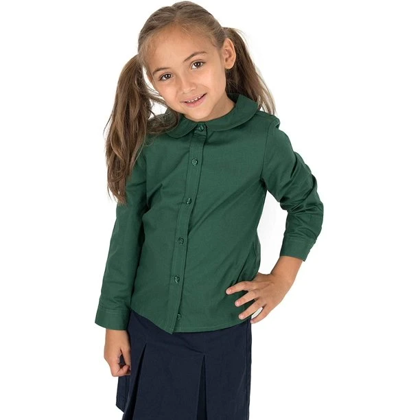 Kids Long Sleeve Peter Pan Collar Blouse School Uniform Cotton Shirt for Size 2-14 Years Cute Girls