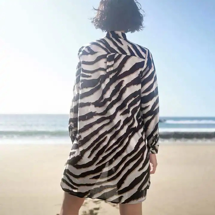 Print Women Oversized Beach Long Sleeves Side Slits Tunic Longline Shirt