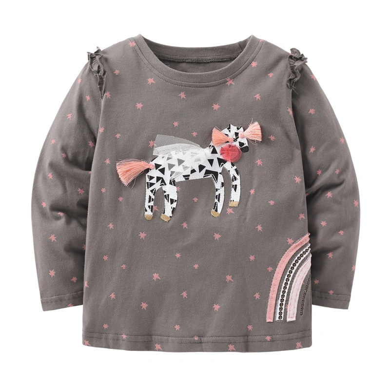 Spring 2024 100% Cotton Children Garments Kid Girl Long Sleeve Top Cartoon Applique Embroidery T-Shirt