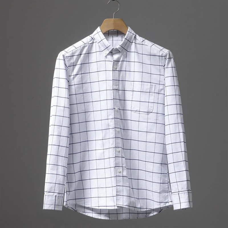 Custom White Button Down Long Sleeve Classic Printed Check Casual Plaid Shirts for Men