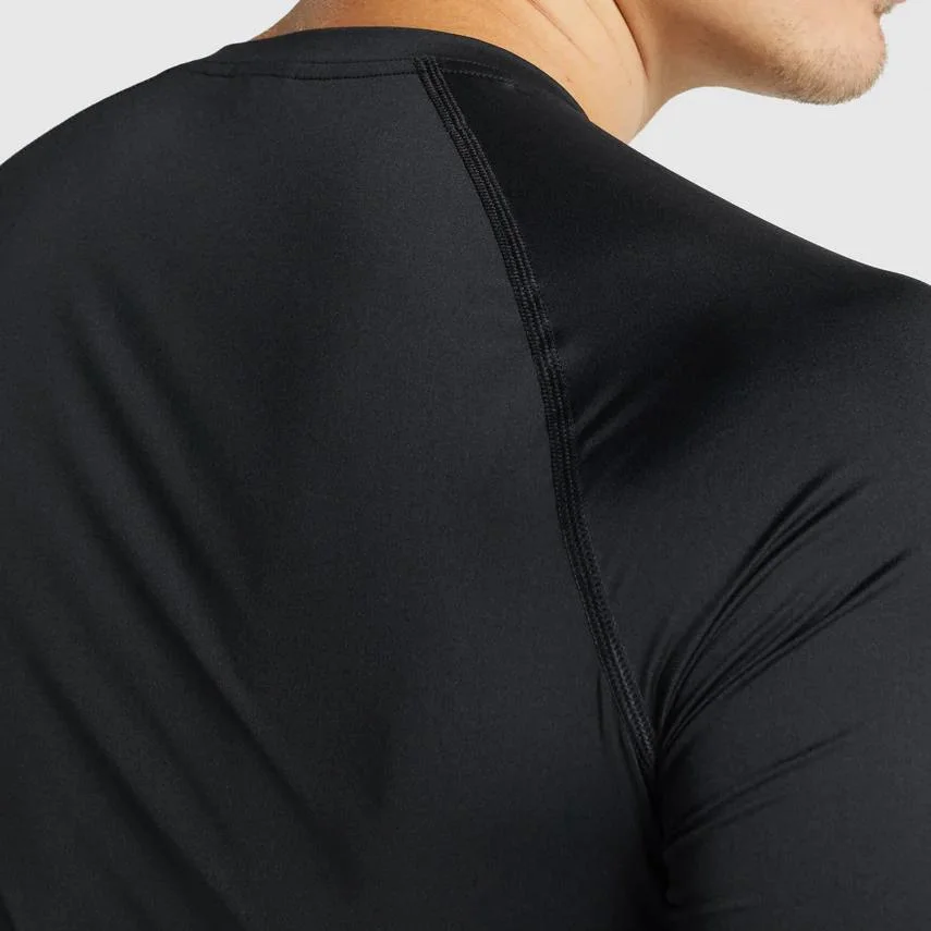 Black Fitness Men Sports Running Long Sleeve O-Neck Nylon Spandex T Shirt