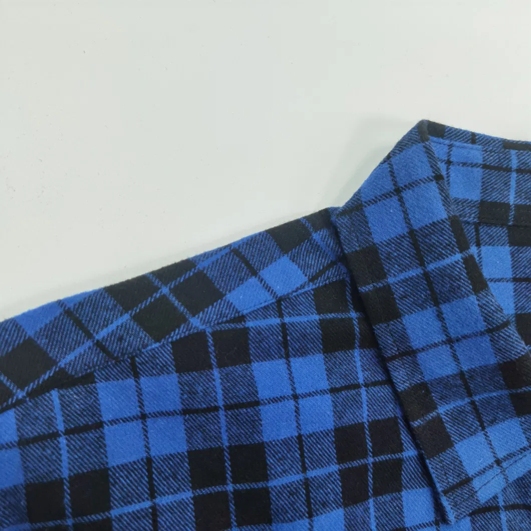 Manufacture Pattern Silk Screen Printed Blue Mens Long Sleeve Plaid Loose Fitted Blue Flannel Shirt with Pockets