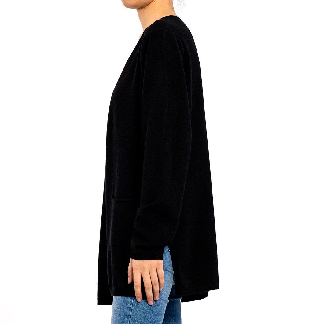 Black Chilled Silk V-Neck Long Sleeve with Pockets Summer Cardigan Sweater Women