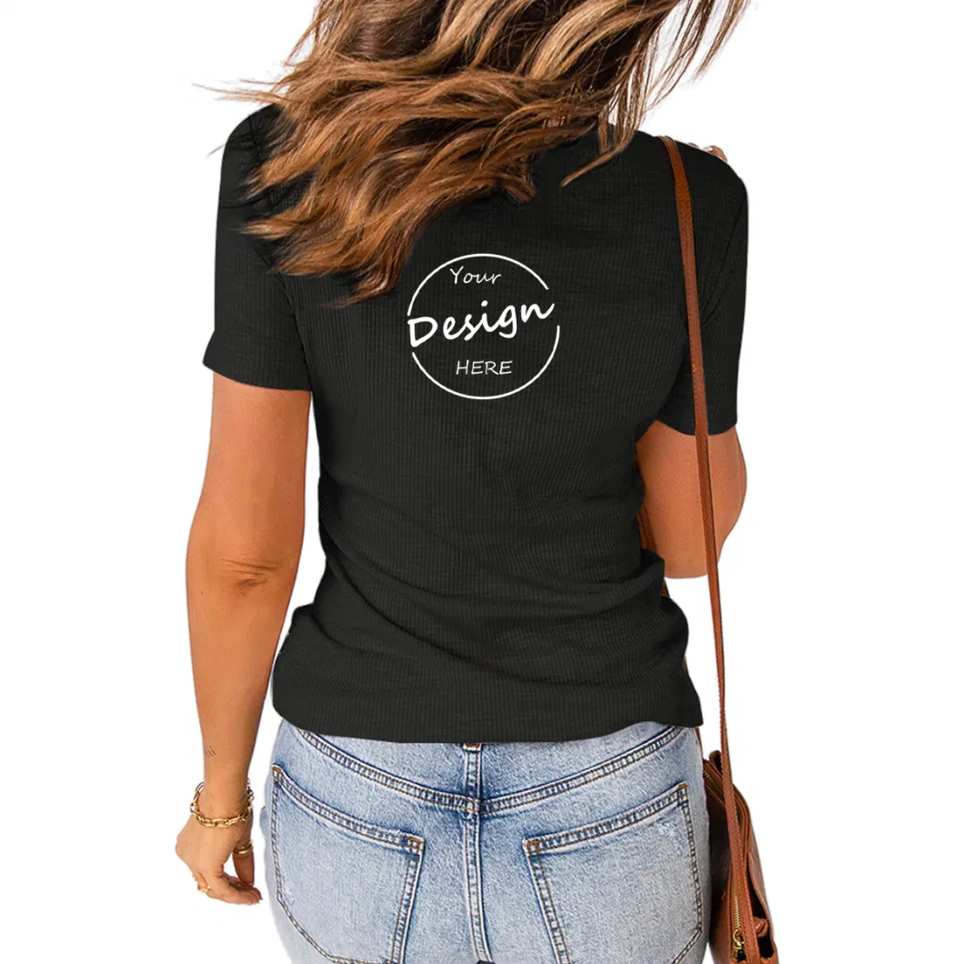 New Arrival Women&prime;s T-Shirts Short Sleeve Cotton Deep V-Neck Tshirt Women&prime;s Slim Fit T-Shirts Custom Logo