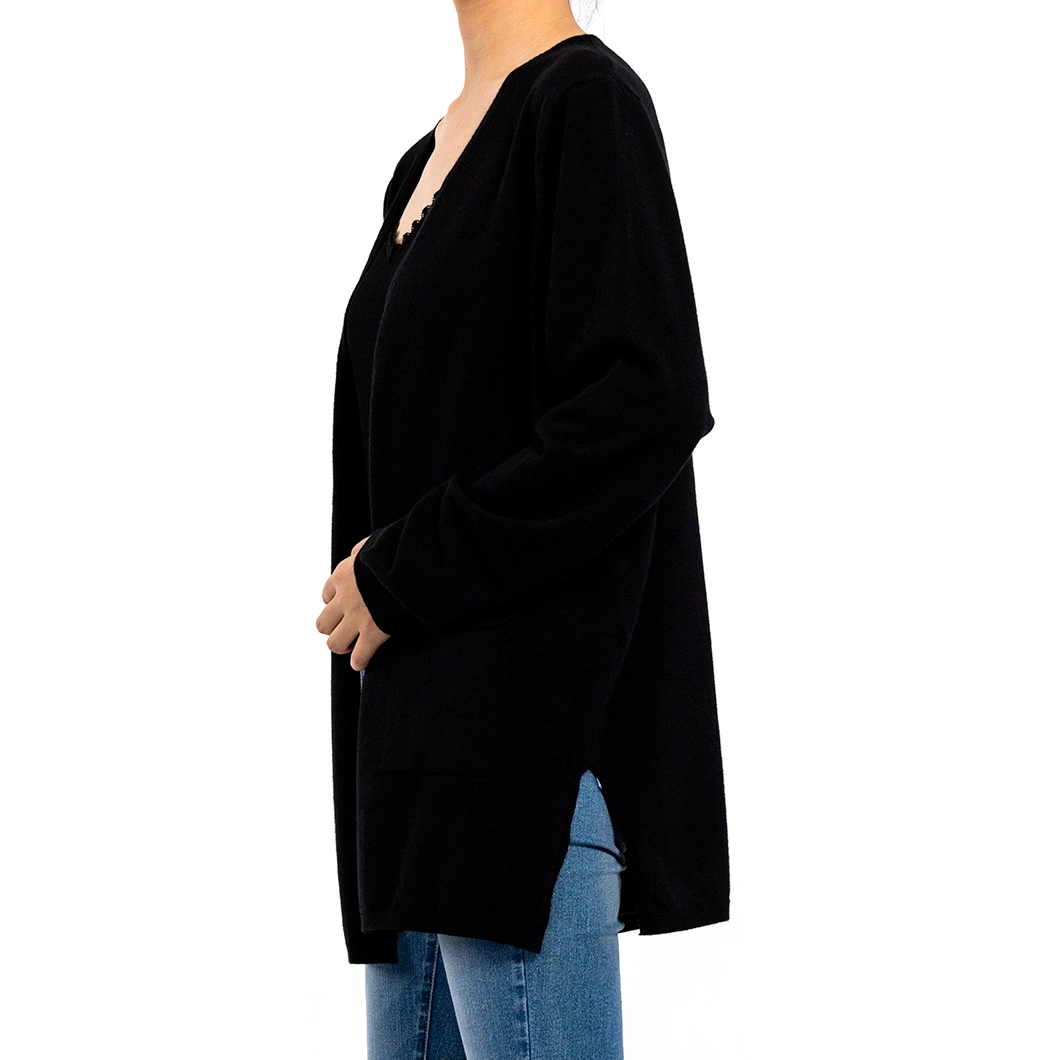 Black Chilled Silk V-Neck Long Sleeve with Pockets Summer Cardigan Sweater Women