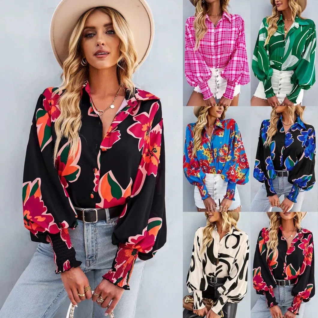 2023 Autumn/Winter Long Sleeve Contrast Printed Women&prime;s Flower Shirt