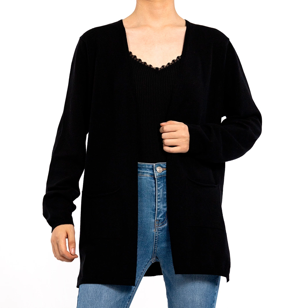 Black Chilled Silk V-Neck Long Sleeve with Pockets Summer Cardigan Sweater Women