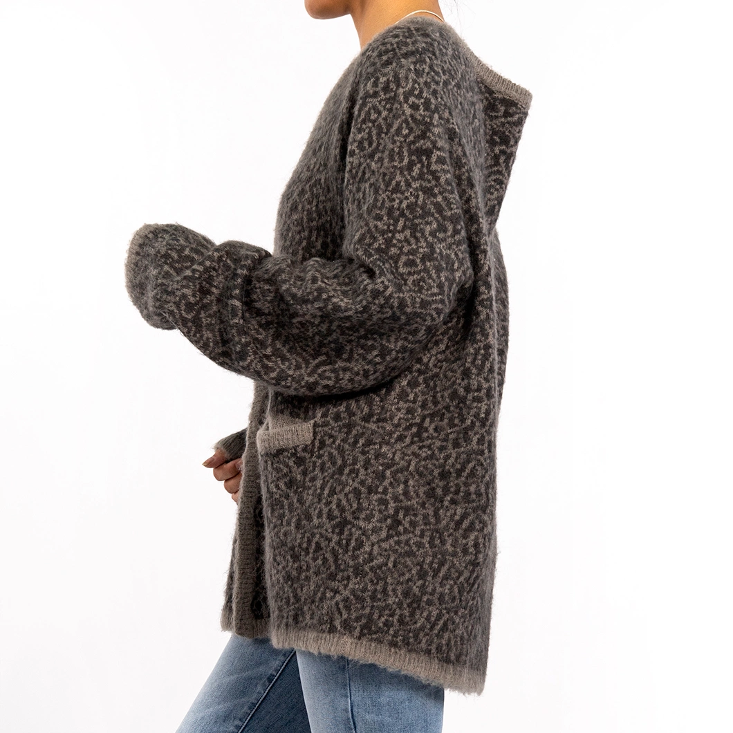 Winter Leopard Print Knit Jacket V-Neck Long Sleeve Plus Size Cardigan Sweaters for Women