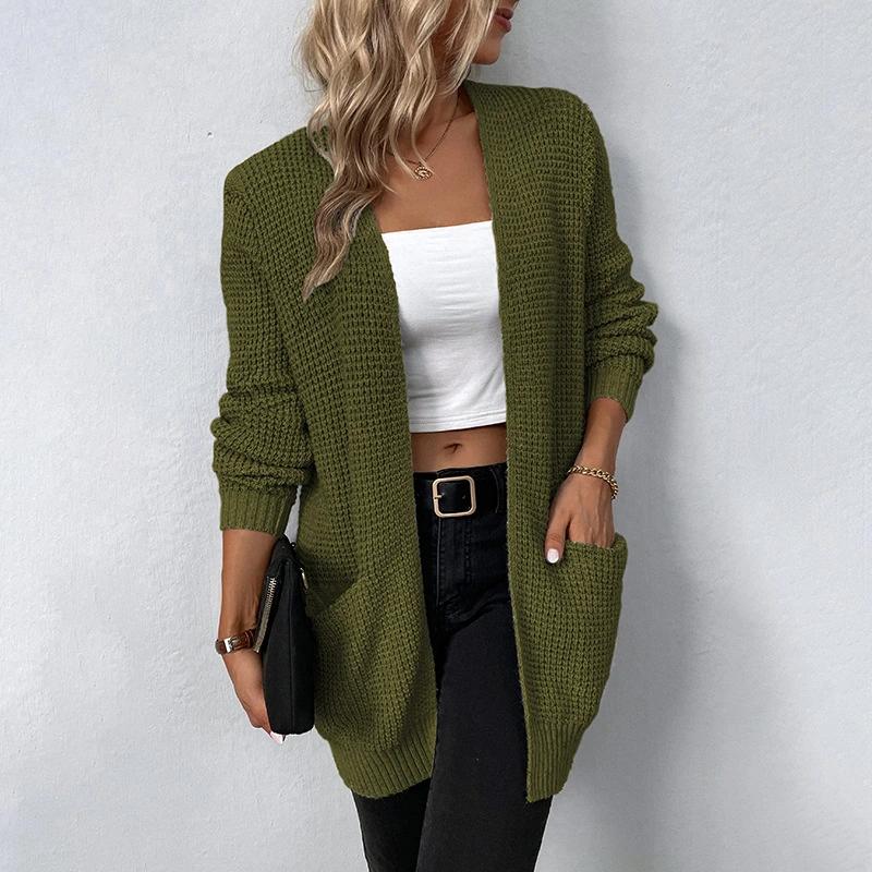 Winter Women&prime;s Cotton Acrylic Knitwear Solid Color Pocket Cardigan Jacket Sweater