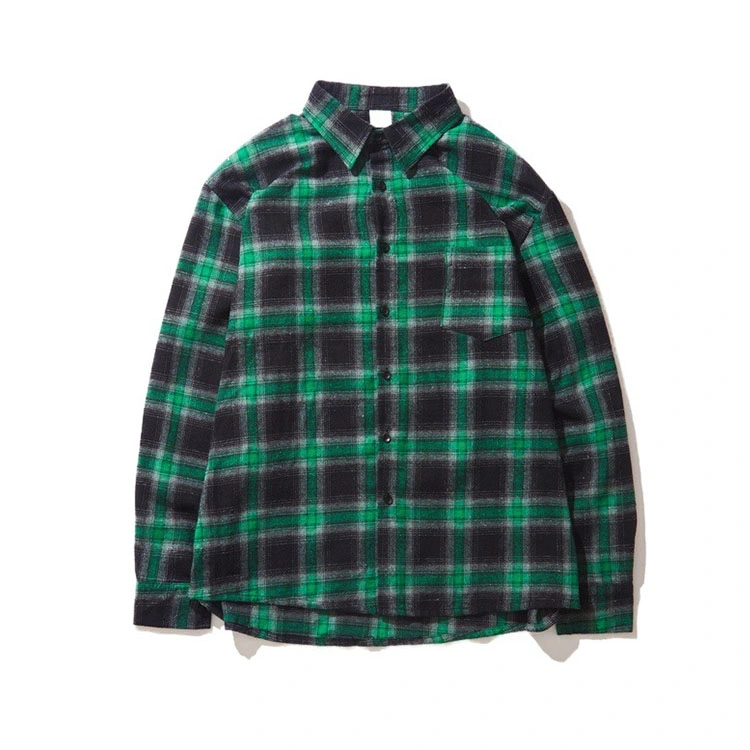 Men&prime;s Long Sleeve High Quality Green Shirt Arc Hem Custom Plaid Flannel Shirt Men&prime;s