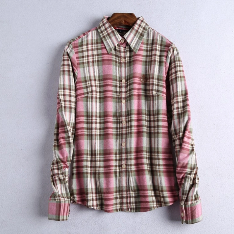 2023 Long Sleeve 100% Cotton Flannel Blouse Plaid Oversized Checked Shirts for Women