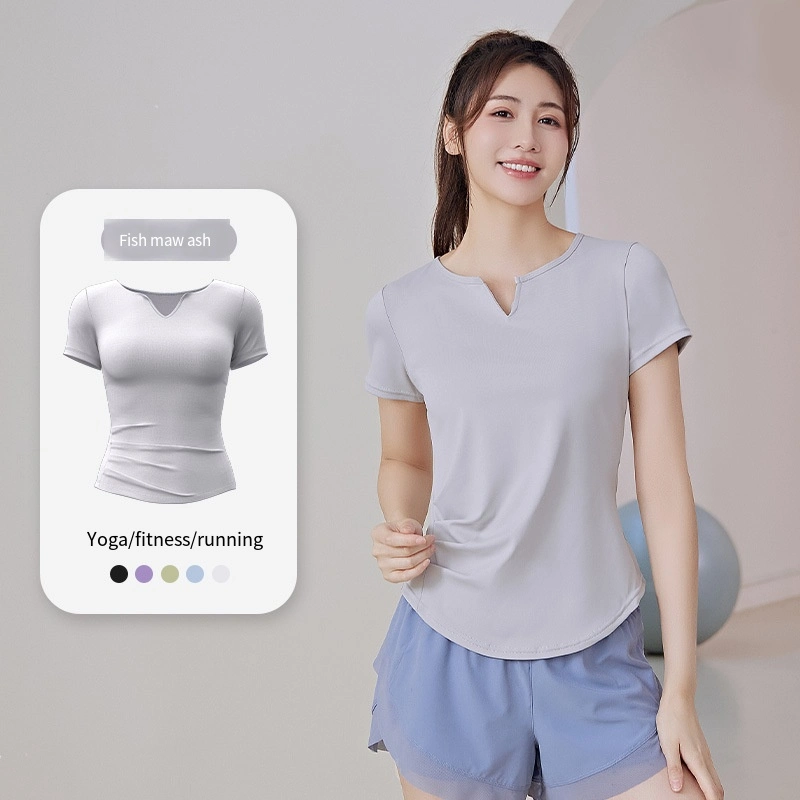 Summer V-Neck Women&prime;s Quick-Drying Solid Color Waist Loose Running Fitness Slimming Sports Gym Yoga Wear Short-Sleeved Sports T-Shirt