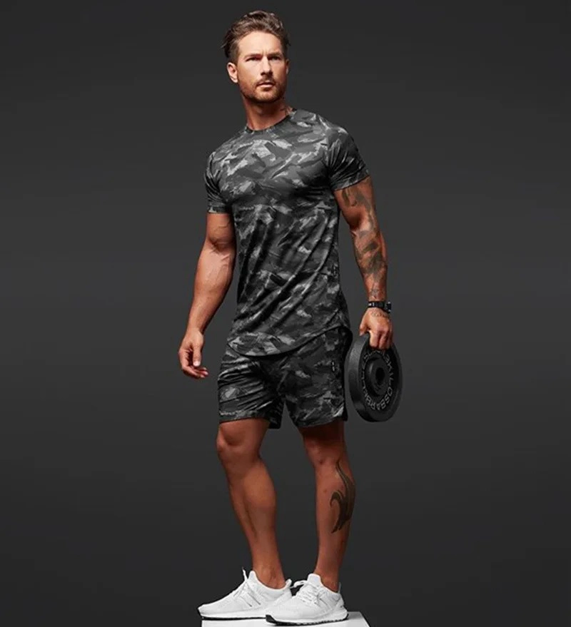 2PCS Mens Tie Dye Printed Camo Pattern Short Sleeve T-Shirts with Running Shorts Set Athletic Sweat Suit Casual Sportswear