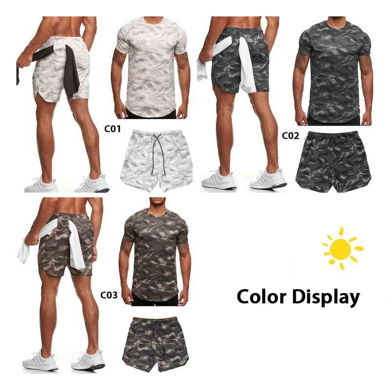 2PCS Mens Tie Dye Printed Camo Pattern Short Sleeve T-Shirts with Running Shorts Set Athletic Sweat Suit Casual Sportswear