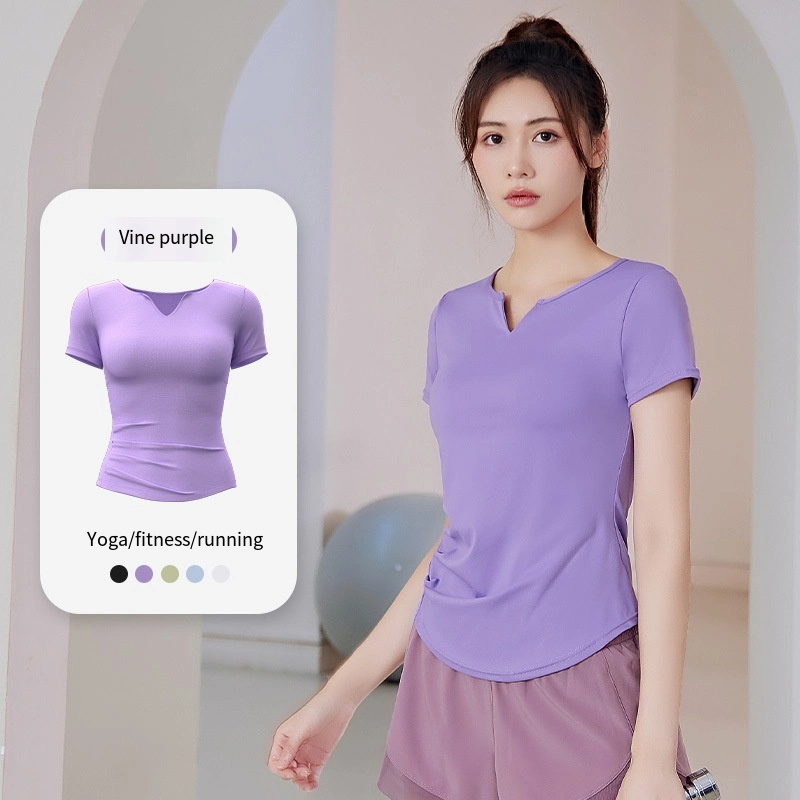 Summer V-Neck Women&prime;s Quick-Drying Solid Color Waist Loose Running Fitness Slimming Sports Gym Yoga Wear Short-Sleeved Sports T-Shirt