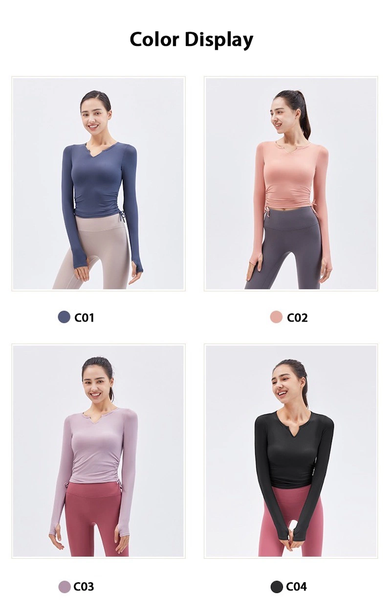 Cute Fall Winter Athletic Yoga Top Wear Long Sleeve V Neck Pullover T-Shirts with Bra for Ladies, Customize Tie Side Workout Jersey Running Sweat Shirts