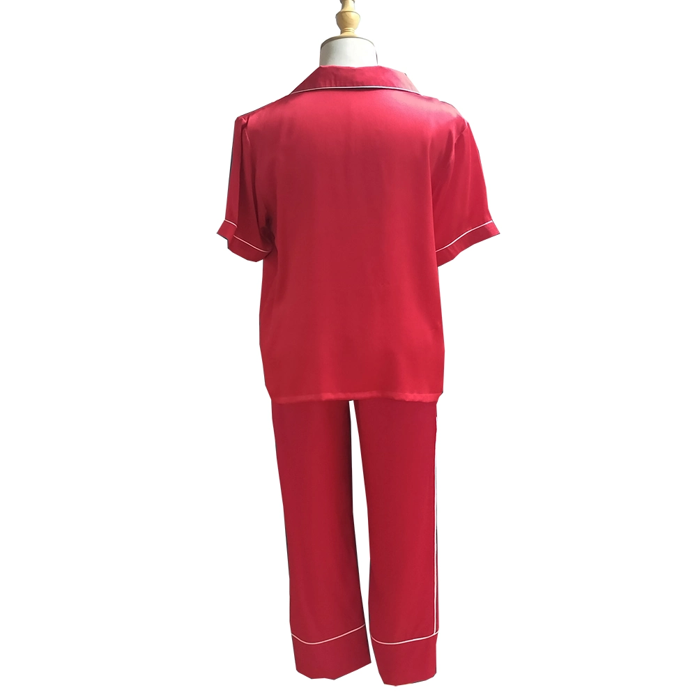 2023 Red New Women&prime;s Silk Thin Spring/Summer Home Fur Set Short Sleeve Top with Long Pants