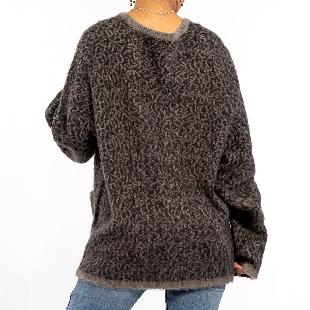 Winter Leopard Print Knit Jacket V-Neck Long Sleeve Plus Size Cardigan Sweaters for Women