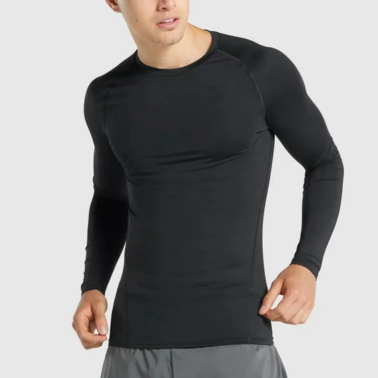 Black Fitness Men Sports Running Long Sleeve O-Neck Nylon Spandex T Shirt