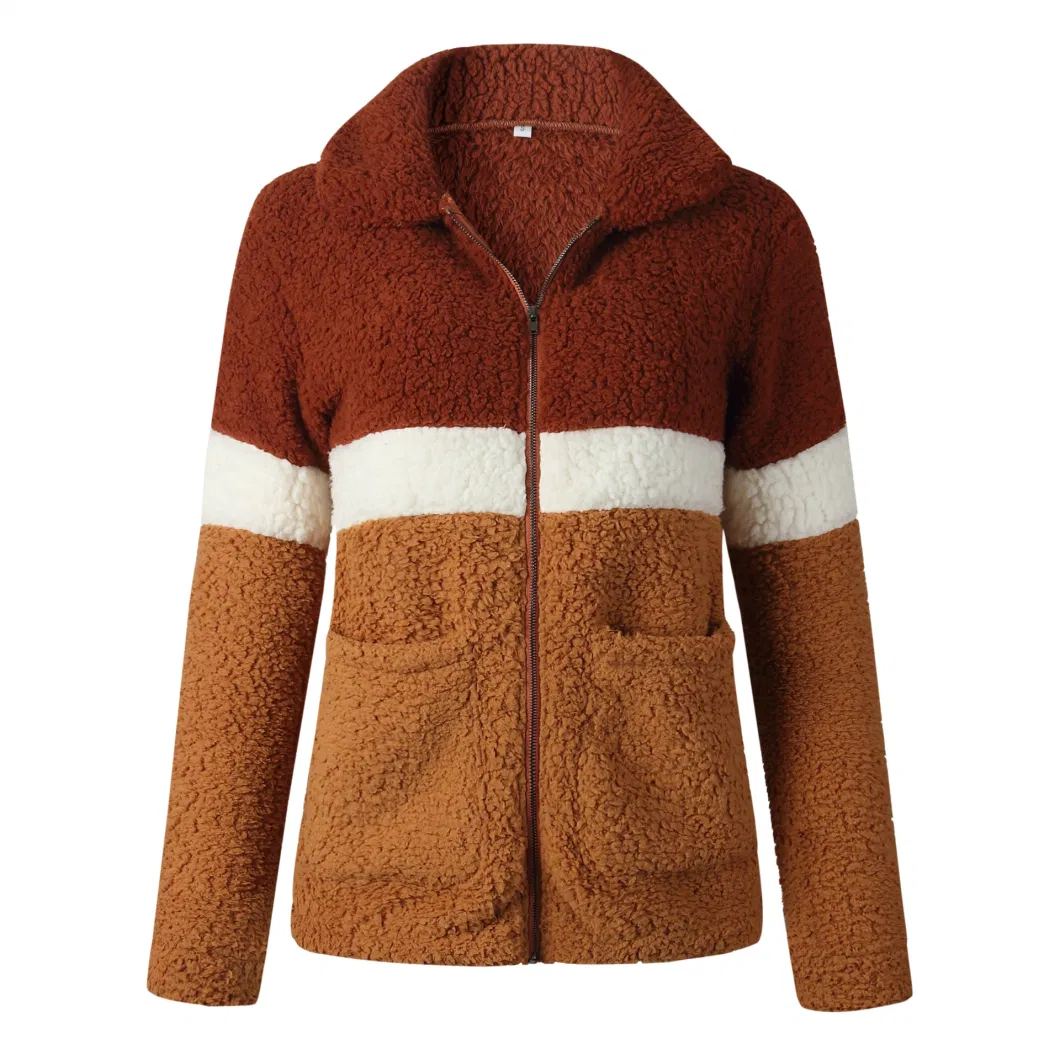 Women Fall Winter Faux Shearling Fleece Splice Zip Pullover