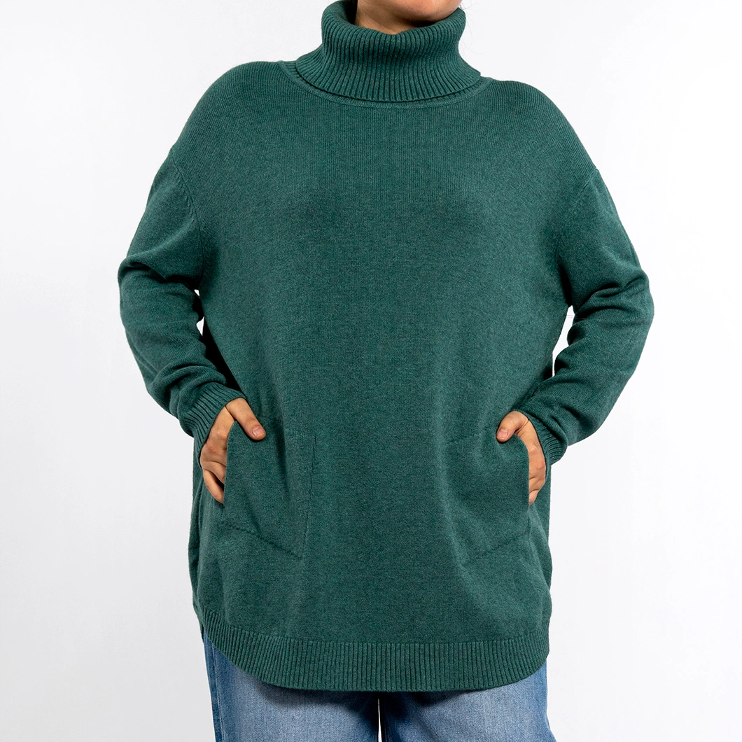 Winter Lapel Soft Yarn Warm Loose Long-Sleeved Pullover Knit Sweater Green Women Tops